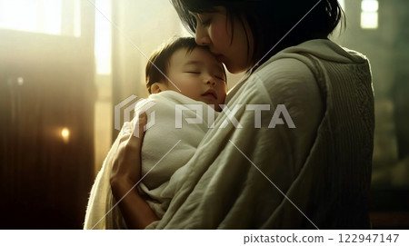 Loving mother kissing sleeping baby wrapped in blanket Loving mother kissing sleeping baby wrapped in blanket 122947147