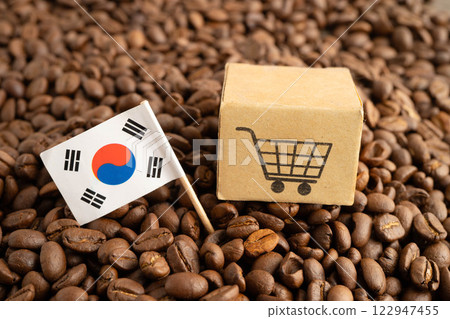 South Korea flag on coffee beans, shopping online for export or import food product. South Korea flag on coffee beans, shopping online for export or import food product. 122947455