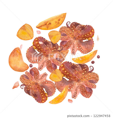 Fried octopus with potatoes, salt and pepper watercolor composition isolated on white. Hand-drawn sea food clip art perfect for cook books, blog posts, recipe, for posters, cards, kitchen decor and Fried octopus with potatoes, salt and pepper watercolor composition isolated on white. Hand-drawn sea food clip art perfect for cook books, blog posts, recipe, for posters, cards, kitchen decor and 122947458
