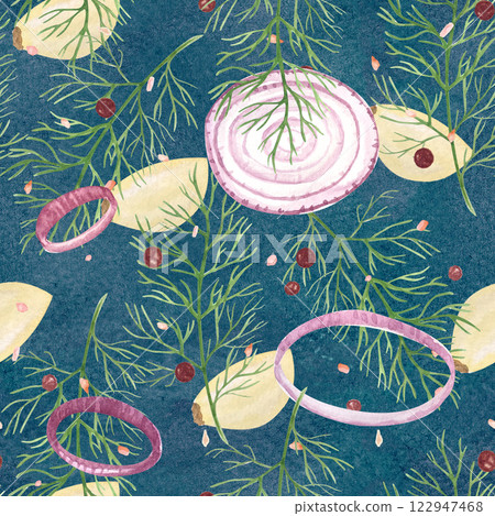 Garlic clove, dill, pepper, salt, onion rings watercolor seamless pattern on blue background, hand drawn for food design. Spice box, restaurant menu, packaging, wrapping paper decor and design 122947468