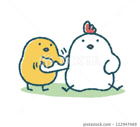 The loose chick rubs the chicken's arm The loose chick rubs the chicken's arm 122947489