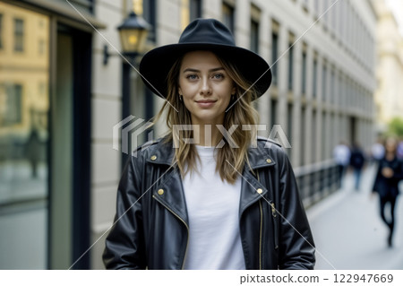 Young woman in leather jacket and hat in urban setting. AI generated 122947669