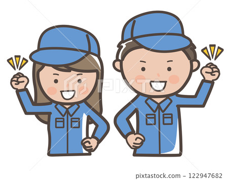 圖:穿著工作服的男女工人(清潔工)的上半身握拳並充滿動力 圖:穿著工作服的男女工人(清潔工)的上半身握拳並充滿動力 122947682