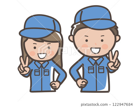 Illustration of the upper body of a male and female worker (cleaner) wearing work clothes making a peace sign cheerfully 122947684