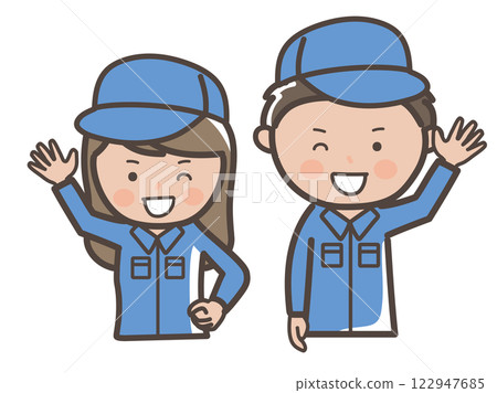 身著工作服的男女工人（清潔工）上身插畫愉快地打招呼 122947685