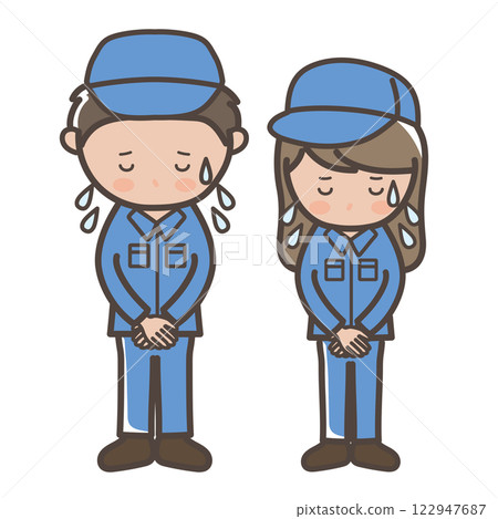 穿著工作服的男女工人（清潔工）匆忙道歉的插圖 122947687