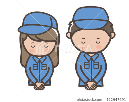 Illustration of the upper body of a male and female worker (cleaner) in work clothes bowing and apologizing 122947691