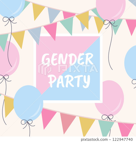 Gender reveal party design template with text, pink and blue balloons and paper flags. Vector illustration for card, flyer, poster, web, banner. Gender reveal party design template with text, pink and blue balloons and paper flags. Vector illustration for card, flyer, poster, web, banner. 122947740