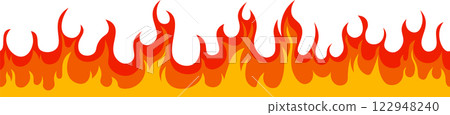 Seamless vector illustration set of horizontal fire flames creating a blazing banner of heat, burn, wildfire silhouette, flammable elements, hot flaming border 122948240