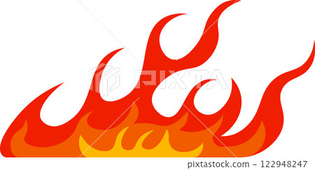 Cartoon flames burning in vibrant shades of bright orange and red create an energetic visual effect, standing out dramatically against a clean white background 122948247