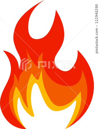 Red and orange cartoon flames forming a vibrant fireball, burning fiercely with the intensity of wildfire and bonfire flames, set against a clean white background 122948290