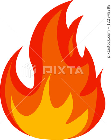 Brightly burning red and orange cartoon fire flames creating a vibrant fireball, isolated against a clean white background, radiating warmth and energy 122948298