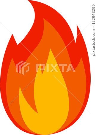 Burning red and orange cartoon fire flames create a large fireball, symbolizing heat and energy, while representing wildfire and bonfire on a clean white background 122948299