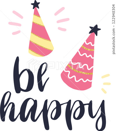 Two vibrant pink birthday hats adorned with golden accents and dark blue be happy lettering radiate joy and happiness, perfectly capturing the festive spirit of a birthday celebration 122948304