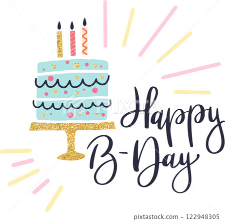 Light blue birthday cake adorned with lit candles, resting on a golden cake stand, featuring handwritten happy b day lettering, perfect for celebrating a joyful birthday party Light blue birthday cake adorned with lit candles, resting on a golden cake stand, featuring handwritten happy b day lettering, perfect for celebrating a joyful birthday party 122948305