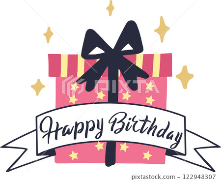 Pink wrapped gift box featuring a black bow and a cheerful happy birthday banner adorned with decorative stars, perfect for celebrating birthdays or special occasions 122948307