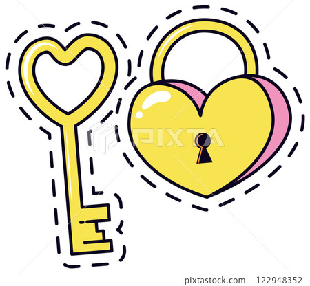 Vibrant vector illustration featuring a heart shaped lock and key. Perfect for themes of love, security, and romance. Ideal for use in design projects and creative concepts Vibrant vector illustration featuring a heart shaped lock and key. Perfect for themes of love, security, and romance. Ideal for use in design projects and creative concepts 122948352