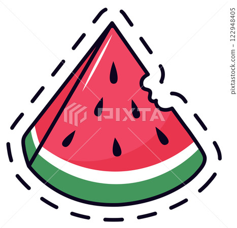 Vibrant illustration of a watermelon slice with a bite taken out, featuring bold colors and a playful design. The image captures the essence of summer and freshness 122948405