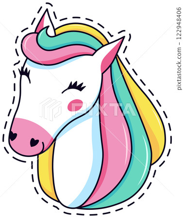 Whimsical unicorn patch featuring a vibrant rainbow mane and cheerful expression. Ideal for adding a touch of magic and fantasy to clothing, accessories, or craft projects 122948406