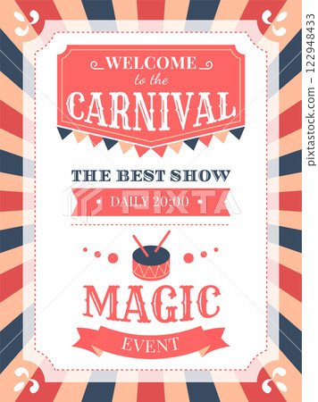 Retro circus poster invites visitors to a lively carnival show. Featuring bold typography and festive colors, the design highlights a magic event with daily performances at 20,00 122948433