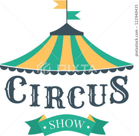 Retro circus tent illustration featuring a striped canopy and decorative banner. Ideal for carnival themed designs, event invitations, or festival promotions with a nostalgic flair 122948435