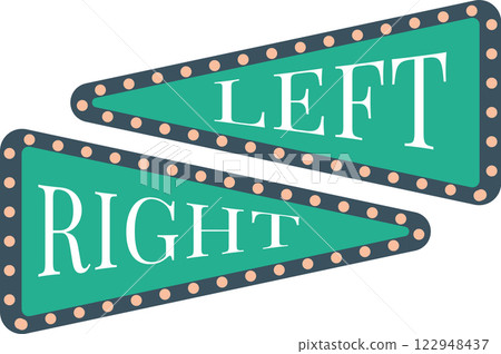 Vintage circus themed directional signs displaying Left and Right in bold white letters on green backgrounds, bordered by a series of retro style light bulbs 122948437