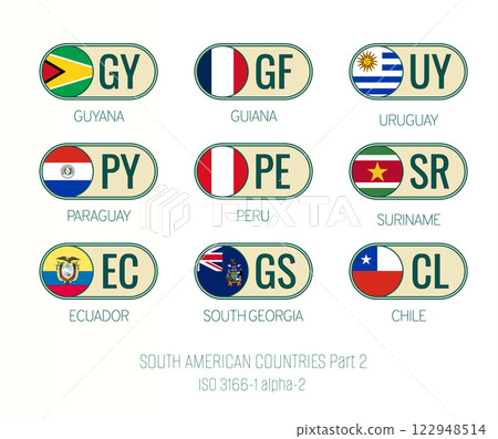 Set of vector illustrations of ISO 3166 1 alpha 2 and flags of SOUTH AMERICAN COUNTRIES . Part 2. Set of vector illustrations of ISO 3166 1 alpha 2 and flags of SOUTH AMERICAN COUNTRIES . Part 2. 122948514