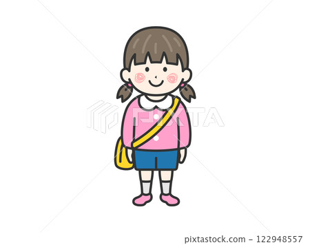Illustration of a girl (line drawing) wearing a kindergarten uniform 122948557
