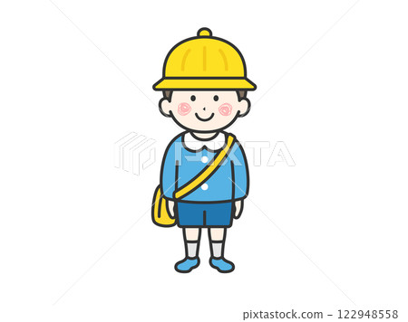 Illustration of a boy (line drawing) wearing a kindergarten uniform and hat Illustration of a boy (line drawing) wearing a kindergarten uniform and hat 122948558
