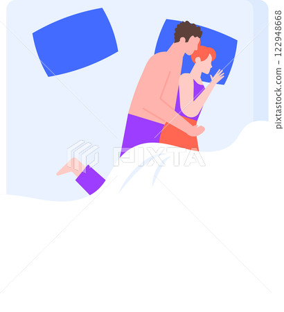 Young romantic couple cuddling in bed, peacefully sleeping in their pajamas, creating a serene atmosphere of love and intimacy in a cozy bedroom setting 122948668