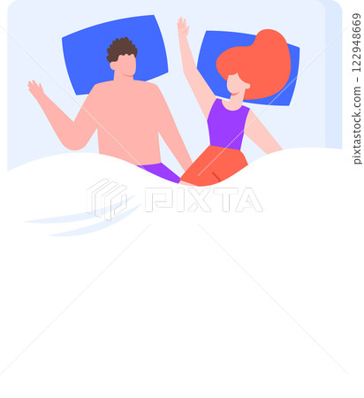 Young romantic couple sleeping together in bed with arms raised, enjoying a peaceful night s sleep, dreaming in their pajamas, isolated vector illustration 122948669