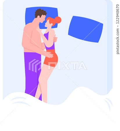 Young couple sleeping together in bed, embracing and showing intimacy, enjoying a peaceful and loving moment in their pajamas, creating a warm and romantic atmosphere Young couple sleeping together in bed, embracing and showing intimacy, enjoying a peaceful and loving moment in their pajamas, creating a warm and romantic atmosphere 122948670