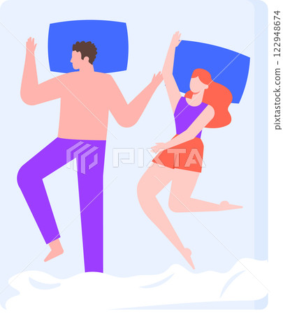 Young romantic couple sleeping in bed at night, wearing pajamas, dreaming and holding hands, night sleep position vector isolated illustration set 122948674