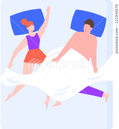 Romantic couple sleeping together in bed under blanket, top view vector illustration of man and woman resting in bedroom at night, dreaming in various positions Romantic couple sleeping together in bed under blanket, top view vector illustration of man and woman resting in bedroom at night, dreaming in various positions 122948676