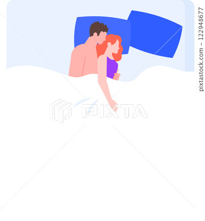 Romantic couple sleeping together under blanket in bed, cuddling each other, man and woman resting in bedroom at night, healthy sleep, comfortable bedclothes, vector flat style cartoon illustration Romantic couple sleeping together under blanket in bed, cuddling each other, man and woman resting in bedroom at night, healthy sleep, comfortable bedclothes, vector flat style cartoon illustration 122948677