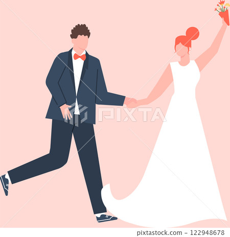 Groom and bride running hand in hand, she s holding a bouquet and wearing a white dress, he s wearing an elegant suit, they re celebrating their wedding Groom and bride running hand in hand, she s holding a bouquet and wearing a white dress, he s wearing an elegant suit, they re celebrating their wedding 122948678