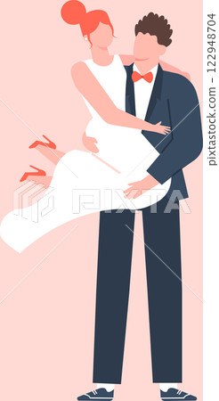 Happy newlyweds celebrating their marriage, groom holding his wife in arms, wedding ceremony and married couple, romantic relationship vector illustration 122948704