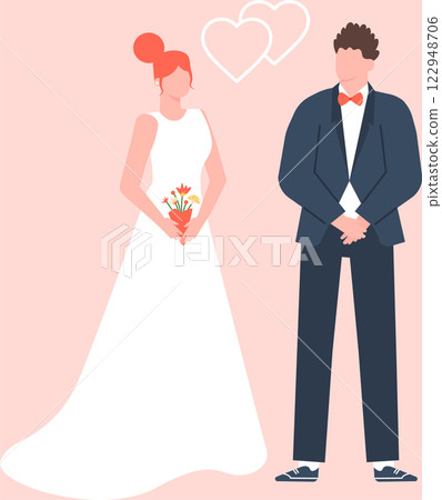 Newlyweds celebrating their love, with the bride holding a vibrant bouquet while the groom leans in for a kiss, hearts floating above symbolizing their joyful union 122948706