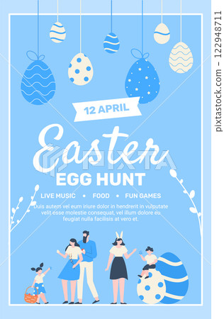 Families celebrating Easter egg hunt event with live music, food and fun games on april 12th, enjoying spring holiday with painted eggs and festive decorations 122948711