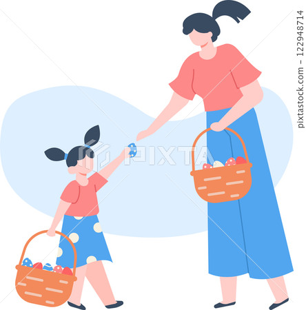 Mother giving easter egg to her daughter, both carrying wicker baskets full of colorful eggs, celebrating easter egg hunt, family activity, spring celebration, vector illustration Mother giving easter egg to her daughter, both carrying wicker baskets full of colorful eggs, celebrating easter egg hunt, family activity, spring celebration, vector illustration 122948714