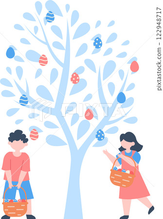 Two joyful children are collecting colorful easter eggs from a stylized tree, holding wicker baskets full of eggs, celebrating the festive holiday season Two joyful children are collecting colorful easter eggs from a stylized tree, holding wicker baskets full of eggs, celebrating the festive holiday season 122948717