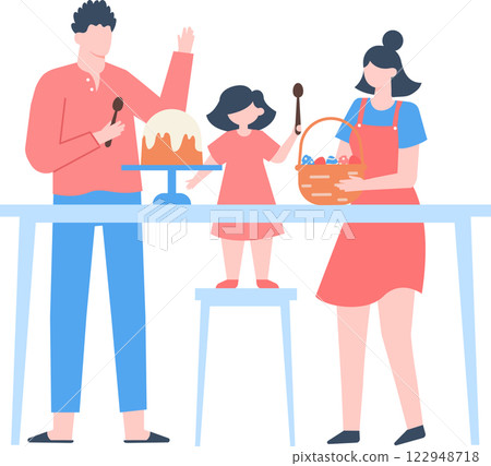 Happy family celebrating Easter, preparing the table with a traditional Easter cake and a basket of colorful eggs, enjoying a festive moment together 122948718