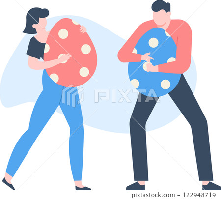 Celebrating Easter, a woman and a man are carefully carrying large, colorful eggs adorned with playful white polka dots, embodying the joy and festivity of the holiday season Celebrating Easter, a woman and a man are carefully carrying large, colorful eggs adorned with playful white polka dots, embodying the joy and festivity of the holiday season 122948719
