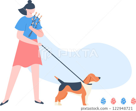 Woman holding willow branches while walking a beagle dog near colorful Easter eggs, joyfully celebrating the arrival of spring and the festive holiday season 122948721