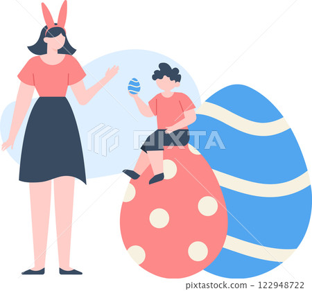Mother wearing bunny ears and son holding a painted egg celebrating Easter, sitting on giant decorated Easter eggs, enjoying family time together during spring holidays Mother wearing bunny ears and son holding a painted egg celebrating Easter, sitting on giant decorated Easter eggs, enjoying family time together during spring holidays 122948722