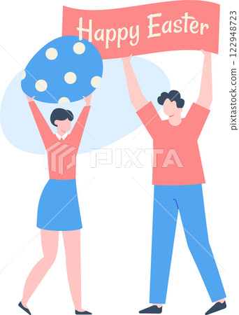 Happy couple celebrating Easter, woman holding a giant decorated egg and man holding a banner with the words Happy Easter written on it, vector illustration Happy couple celebrating Easter, woman holding a giant decorated egg and man holding a banner with the words Happy Easter written on it, vector illustration 122948723