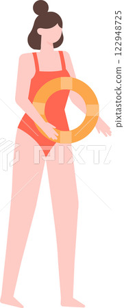 Lifeguard wearing a red swimsuit holding an orange and yellow lifebuoy, ensuring safety and providing assistance at the beach during summer season Lifeguard wearing a red swimsuit holding an orange and yellow lifebuoy, ensuring safety and providing assistance at the beach during summer season 122948725