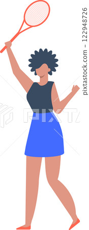 Young woman playing tennis holding a racket and preparing to serve, wearing a blue skirt and dark tank top, promoting sports, physical activity and healthy lifestyle Young woman playing tennis holding a racket and preparing to serve, wearing a blue skirt and dark tank top, promoting sports, physical activity and healthy lifestyle 122948726