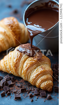 Freshly baked croissant topped with rich chocolate sauce, perfect for indulgence 122948741