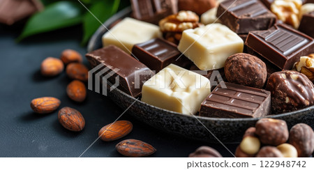 Luxurious platter of assorted chocolate fudge flavors with nuts and fruits 122948742